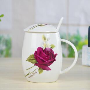 骨瓷带盖水杯 卡通新款简约小腰鼓杯会议杯陶瓷杯办公茶杯