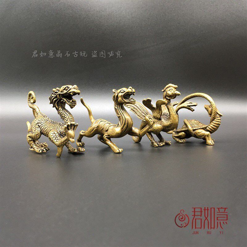 纯铜四大兽小摆件一套铜青龙白虎朱雀玄武黄铜兽小铜件铜器