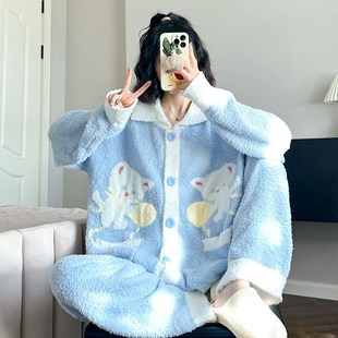 甜美保暖加厚家居 日系温柔睡衣女冬季 软绵绵套装 新款 可外H穿开衫