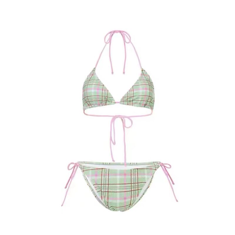 韩国格纹三点式比基尼性感聚拢显胸个性网红分体泳衣女度假bikini