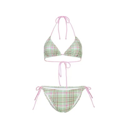 韩国格纹三点式比基尼性感聚拢显胸个性网红分体泳衣女度假bikini