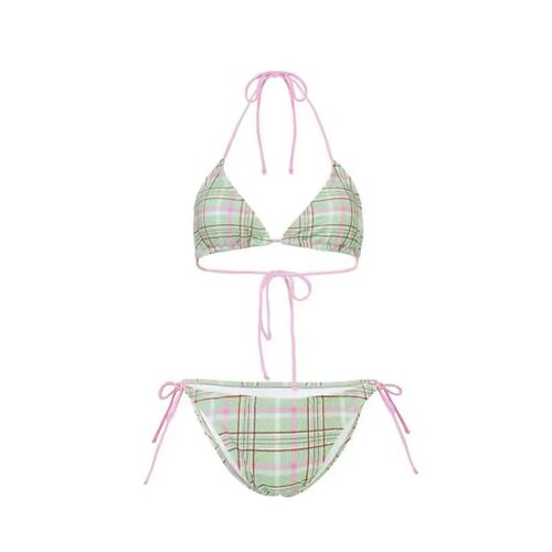 韩国格纹三点式比基尼性感聚拢显胸个性网红分体泳衣女度假bikini