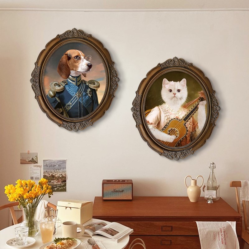 法式椭圆形装饰画入户玄关挂画动物美式复古油画12寸挂墙壁画图片