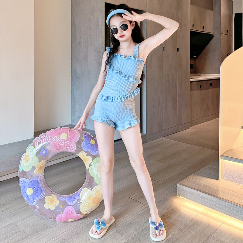 女童泳衣高颜值2025新款儿童连体吊带泳装大童女孩网Y红绝美游泳