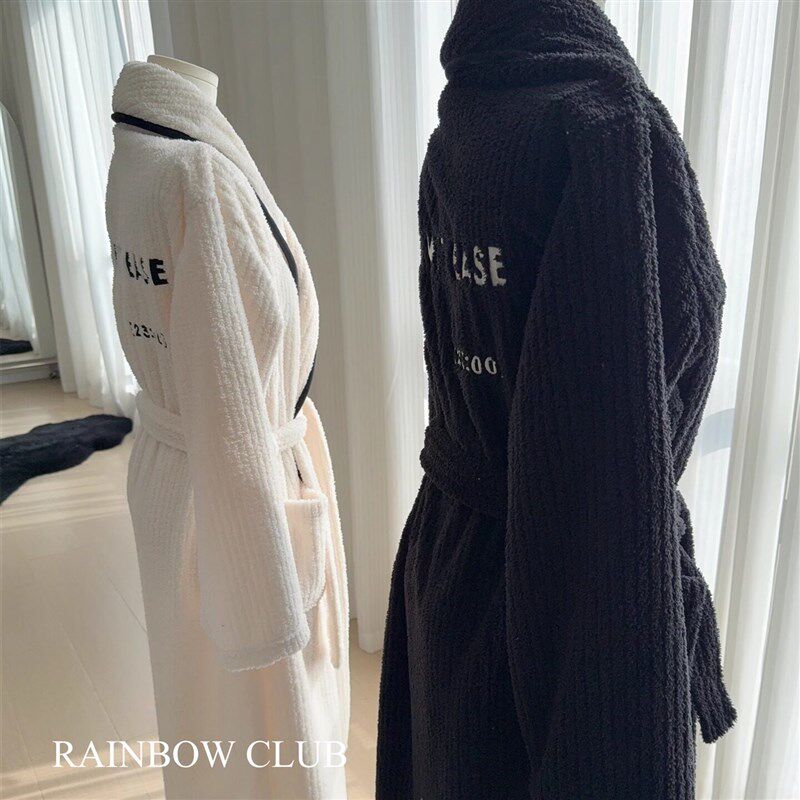 秋冬情侣款加厚翻领睡袍黑白坑z条珊瑚绒保暖家居服套装男女款睡