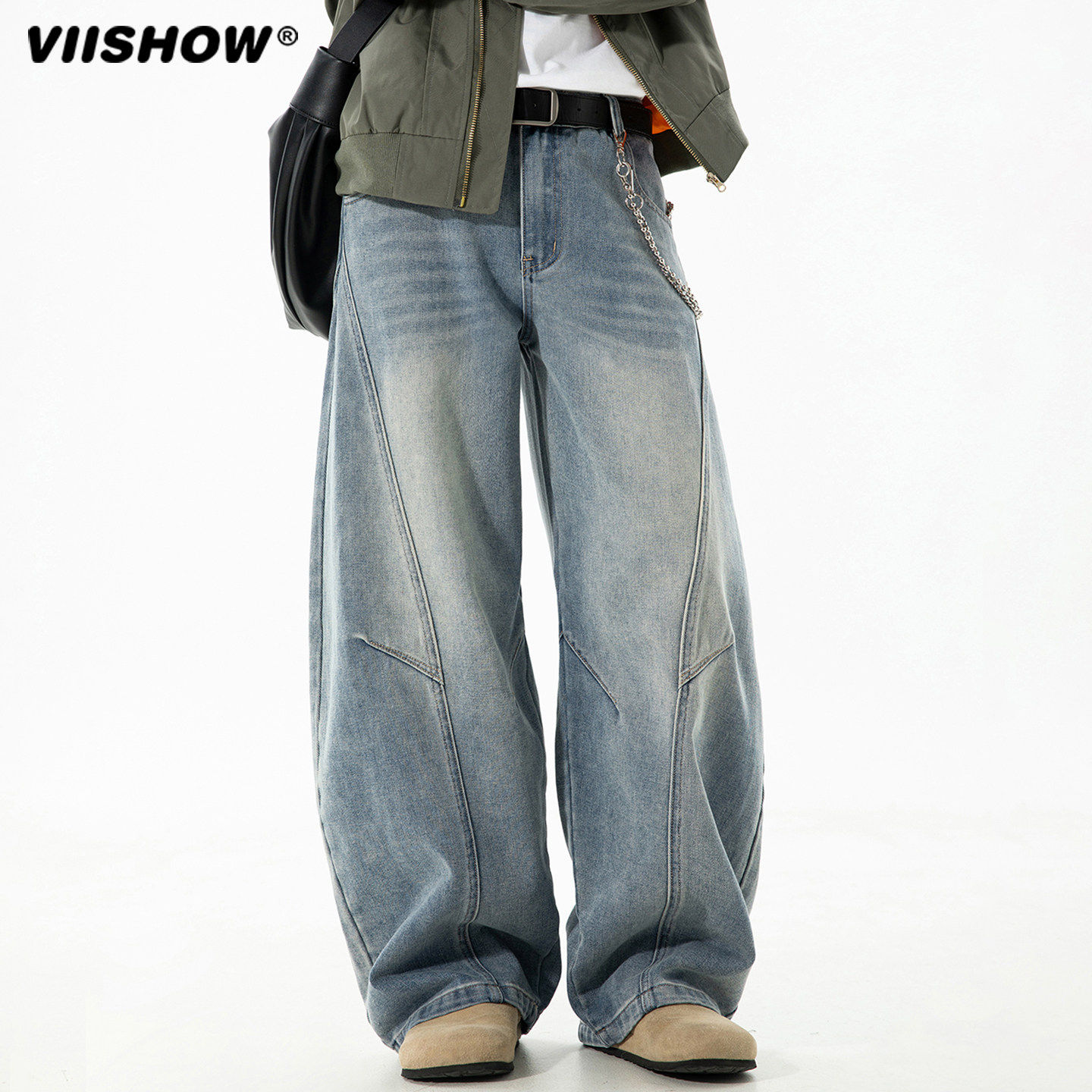 VIISHOW美式弯刀牛仔裤男秋季水洗复古工装阔腿长裤潮牌做旧裤子