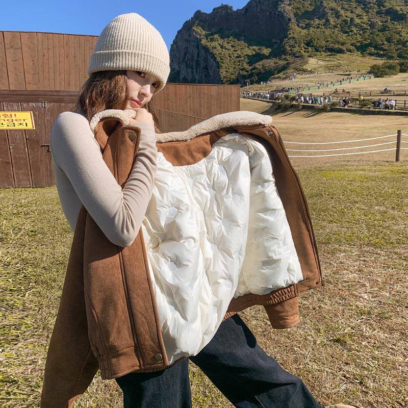 美拉德白鸭绒内胆韩系麂皮绒外套女短款羽绒服2024冬季新款厚夹克