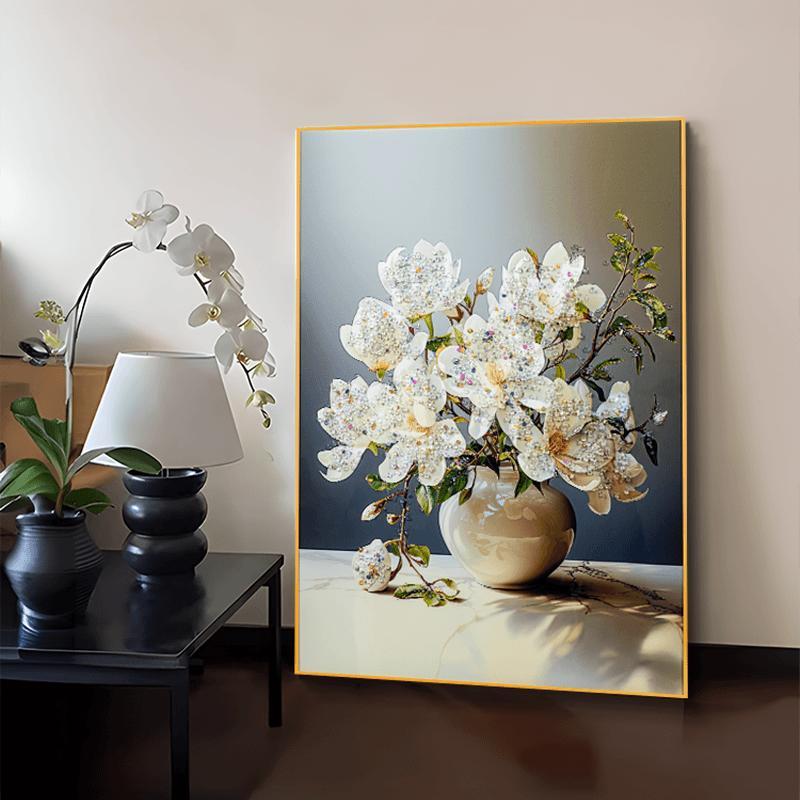 现代简约餐厅晶瓷镶钻装饰画轻奢饭厅挂画过道走廊楼梯画花瓶6080图片
