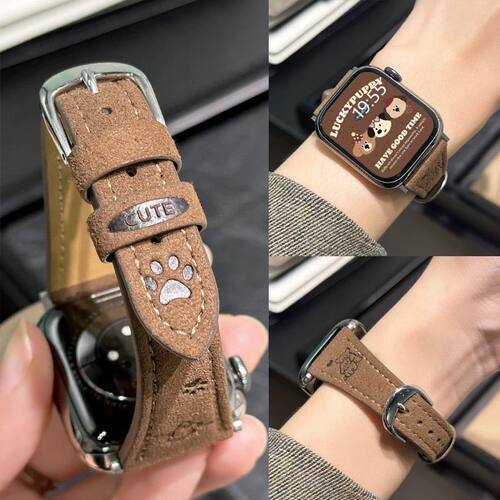 翻毛绒线条小狗凯蒂图案可爱秋冬表带适用于Apple watch10/9/8/7
