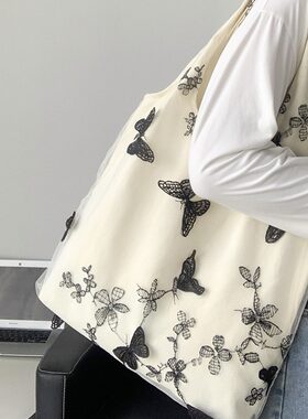 超美刺绣黑蝴蝶帆布包蕾丝仙女休闲出行女包文艺大容量百搭单肩包