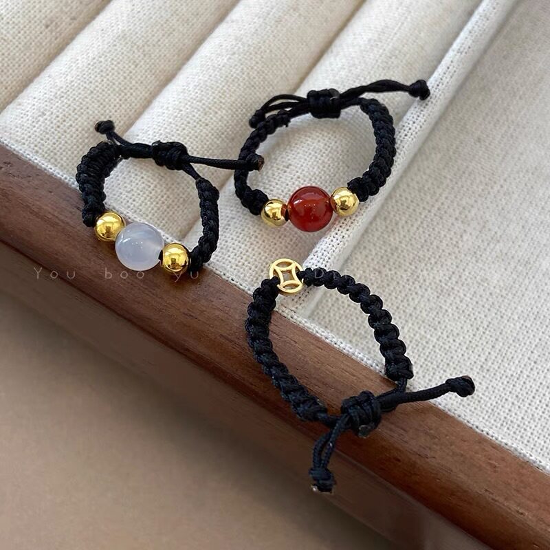 相思红豆白玉髓红玛瑙铜钱编织戒指女ins潮小众设计情侣闺蜜尾戒