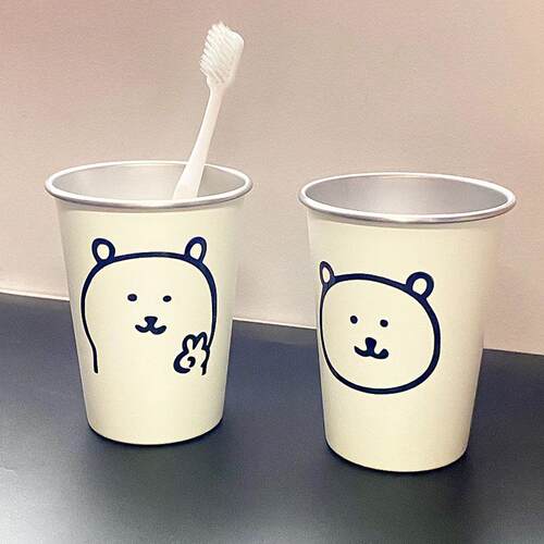 奶白小熊不锈钢刷牙杯情侣款家用防摔洗漱杯学生宿舍高颜值漱口杯