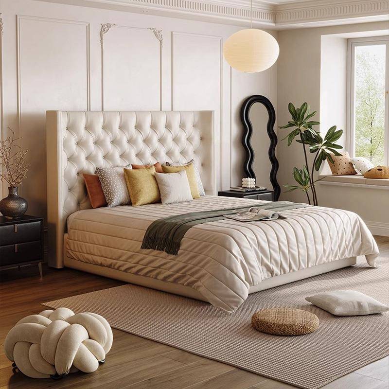 意式真皮床轻奢现代简约双人床法式奶油风皮床主卧室床高脚软包床