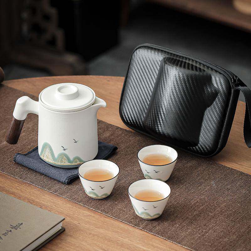 便携式旅行茶具套装手绘快客杯一壶三杯户外茶杯子茶水分离泡茶壶