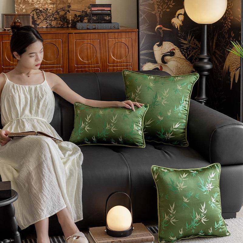 新中式绿色竹子客厅沙发抱枕布艺轻奢办公室腰靠卧室床头床上靠垫