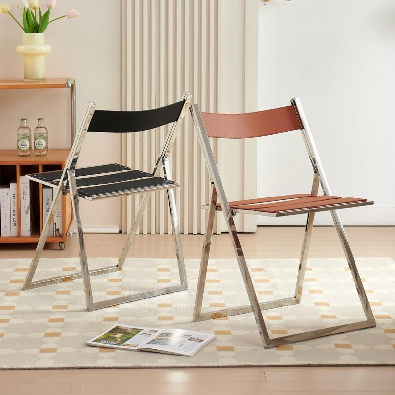 家用折叠椅子不锈钢支架人体工学靠背现代轻奢马鞍皮折叠休闲椅