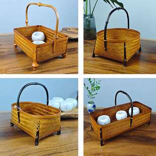 竹编大漆篮子收纳竹筐竹编手工艺篮子竹制品茶具收纳篮点心盒竹筐