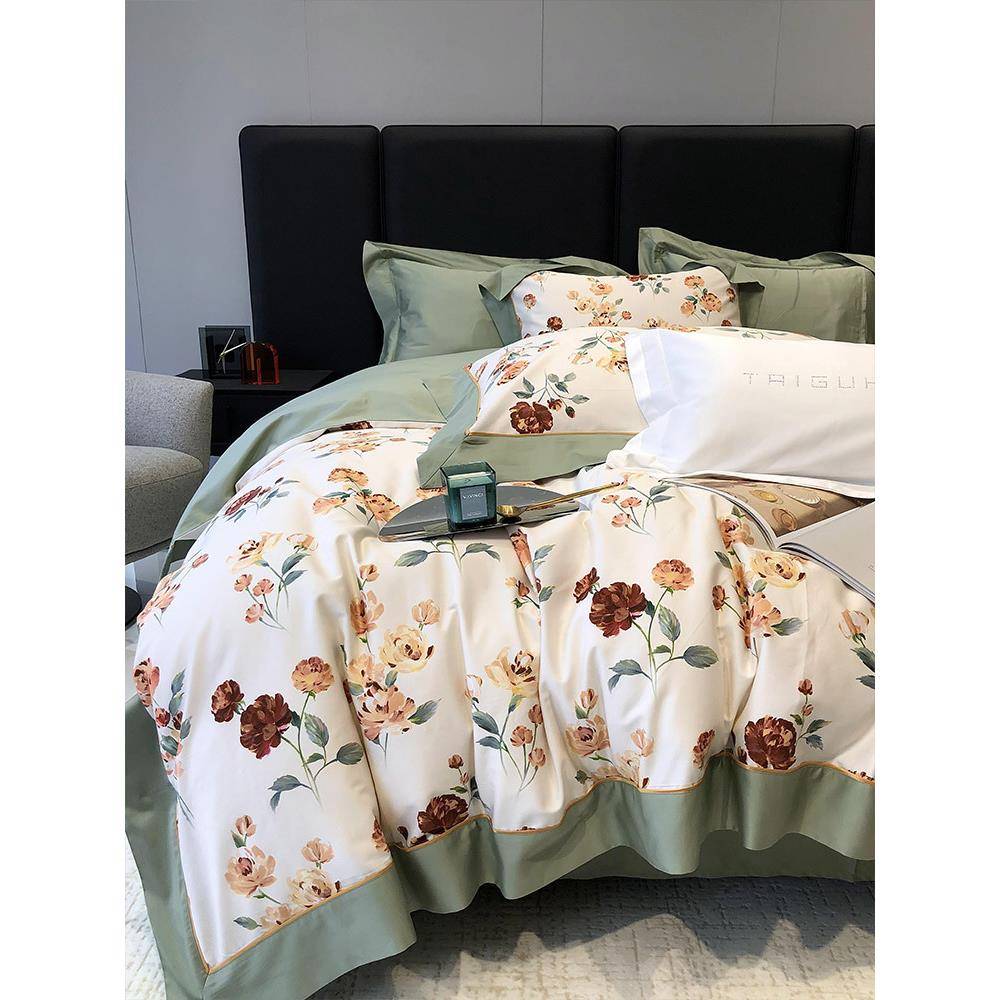 美式田园风数码印花140支长绒棉全棉四件套花卉纯棉被套床上用品