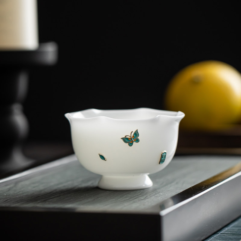 荏仟堂茶杯白瓷主人杯冰种蝴蝶花瓣杯家用陶瓷杯高端个人陶瓷茶具