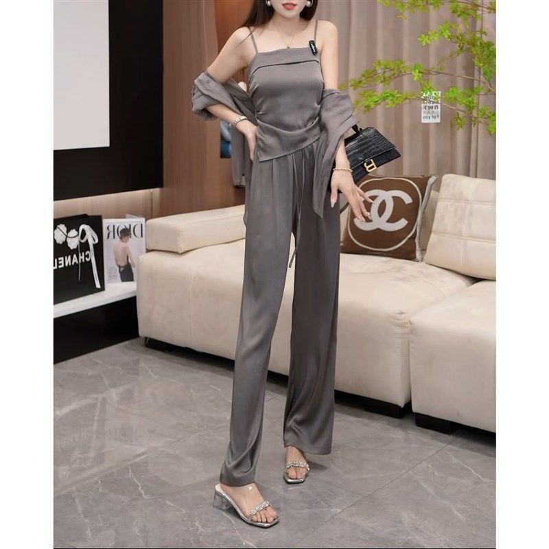 大码时尚衬衫+吊带+裤子套装女2025年夏季新款气质休闲显瘦三件套