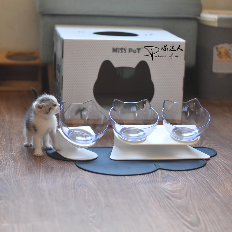 猫碗 猫咪斜口猫脸透明碗 猫咪单碗猫食盆双碗狗盆狗碗可爱猫头碗