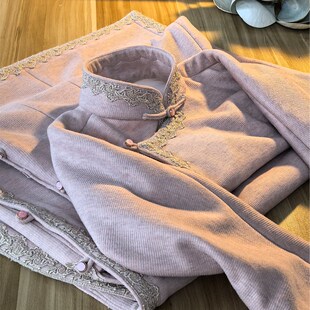 秋冬粉灰色羊毛加绒保暖日常曳地花边高端气质长袖全开襟古法旗袍