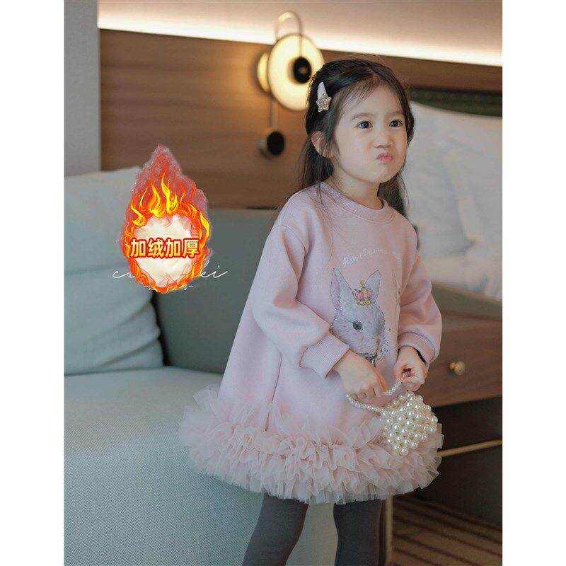 加绒女童卫衣裙24年秋冬儿童小女孩中长款网纱洋气连衣裙公主裙