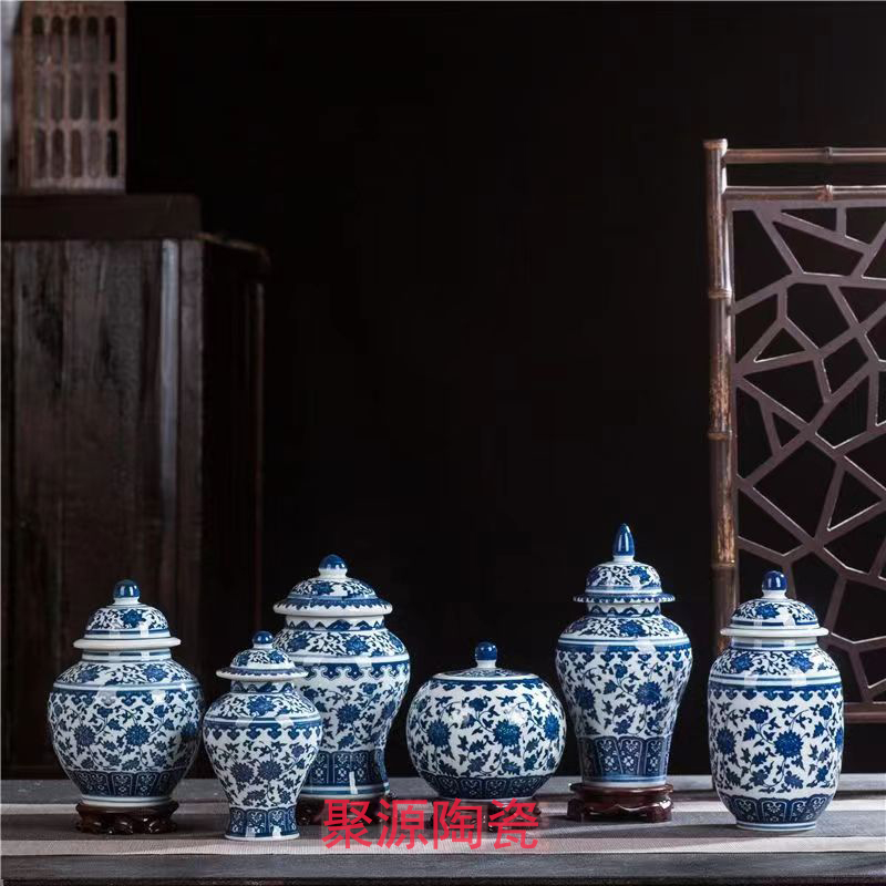 景德镇陶瓷仿古青花瓷将军罐博古架插花摆件储物罐工艺品小花瓶