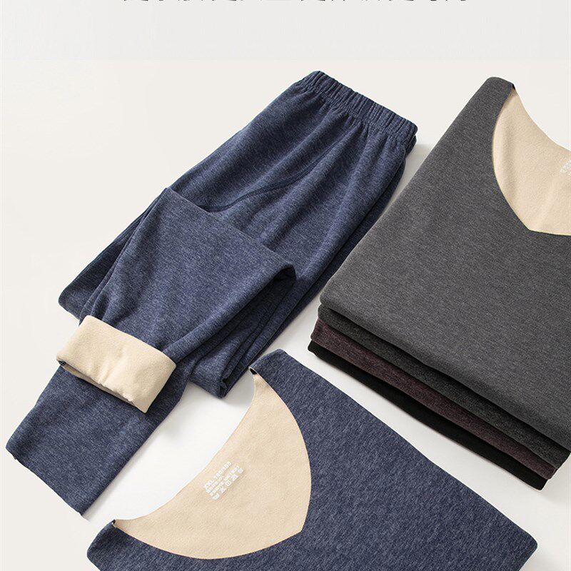 HL50006炫彩德绒保暖内衣V领套装加绒加厚自发热无痕男士秋衣秋裤