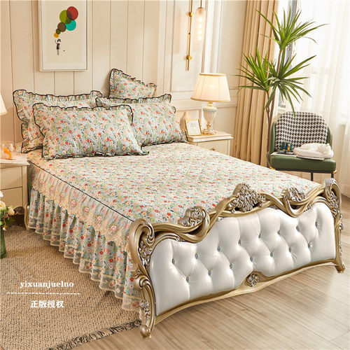 秋冬全棉欧式无床尾蕾丝床裙夹棉加厚绗缝纯棉床罩美式床套单件