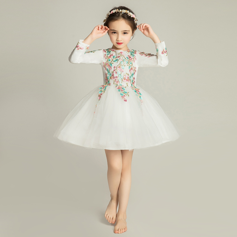 女童晚礼服公主裙蓬蓬纱裙小花童长袖儿童婚纱生日宴会钢琴演出服