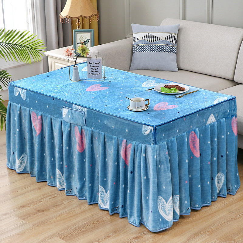 冬季新款长方形法兰绒裙摆电炉罩双面绒烤火桌子罩暖桌罩茶几罩