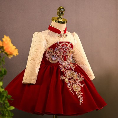 儿童一周岁礼服女宝宝长袖儿童抓周轻奢花童婚礼公主裙中式平时穿