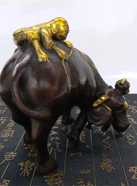 手工黄铜工艺品 童子牛雕塑 金属人物摆件