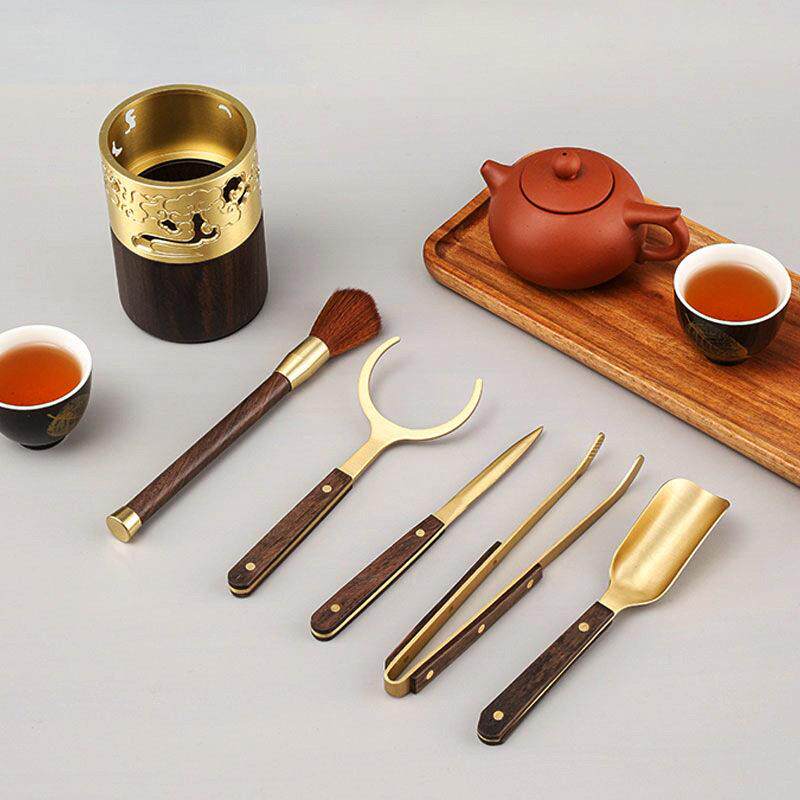 纯铜六君子功夫茶具6君子茶洗杯夹茶叶勺子算盘笔筒铜木茶道配件