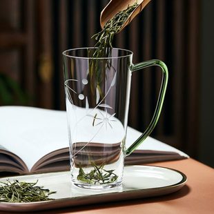 大号带把绿茶杯龙井杯子专用刻花玻璃杯泡茶杯办公室家用水杯女士