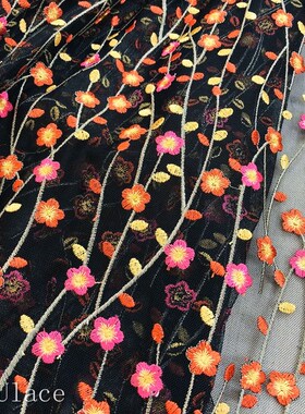 黑色网纱橘色小花刺绣水溶蕾丝布料服装裙子彩色绣花旗袍提花面料