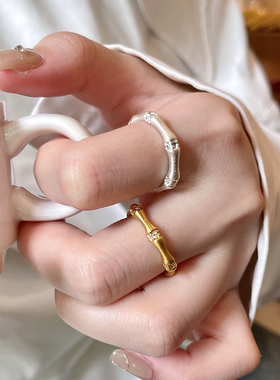 中古拉丝竹节镶钻戒指女款简约富贵风开口食指戒复古轻奢精致指环