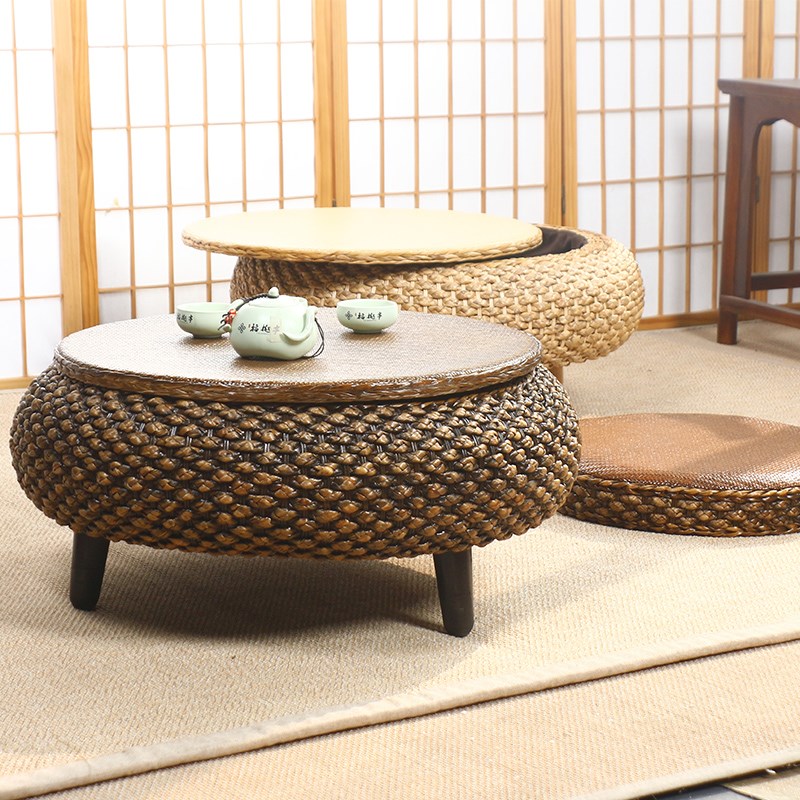 阳台飘窗桌榻榻米地台小茶几家用可收纳藤编禅意储物小圆桌炕几桌