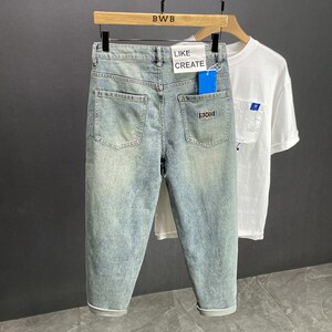 潮牌高端品质浅蓝色男士牛仔裤宽松透气直筒美式高街休闲九分裤子
