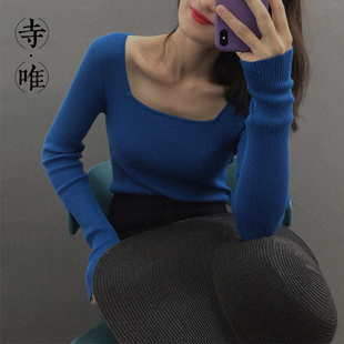 方领上衣女法式复古漏两肩长袖内搭针织衫修身轻熟打底毛衣初秋款