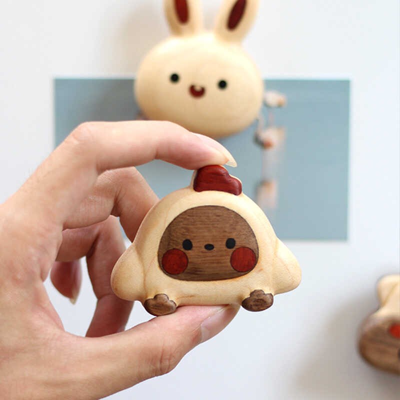 三思工房实木创意可爱卡通小鸡冰箱贴十二生肖磁贴动物家居装饰