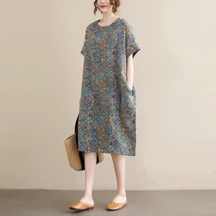 直筒显瘦短袖 大码 棉麻连衣裙 2x024新款 复古碎花亚麻a字长裙女夏季