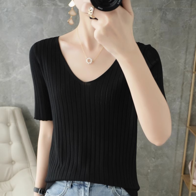 冰丝短袖女T恤2025新款黑色V领半袖内搭大码显瘦低领上衣针织衫