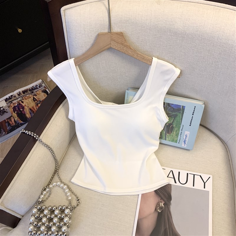 纯欲风小个子宽肩方领美背带胸垫短背心女