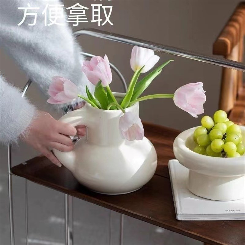 可爱胖乎乎陶瓷花器奶油风法式花瓶摆件  桌面柜体酒柜电视柜摆设