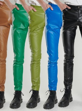 春秋青年男士皮裤l弹力修身时尚防水绿色蓝色酒吧紧身植绒PU皮长