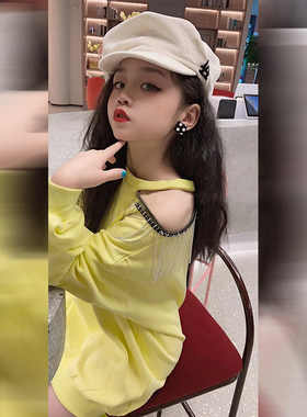 女童秋季中长款卫衣2021新款童装时髦小女孩洋气露肩休闲连衣裙潮