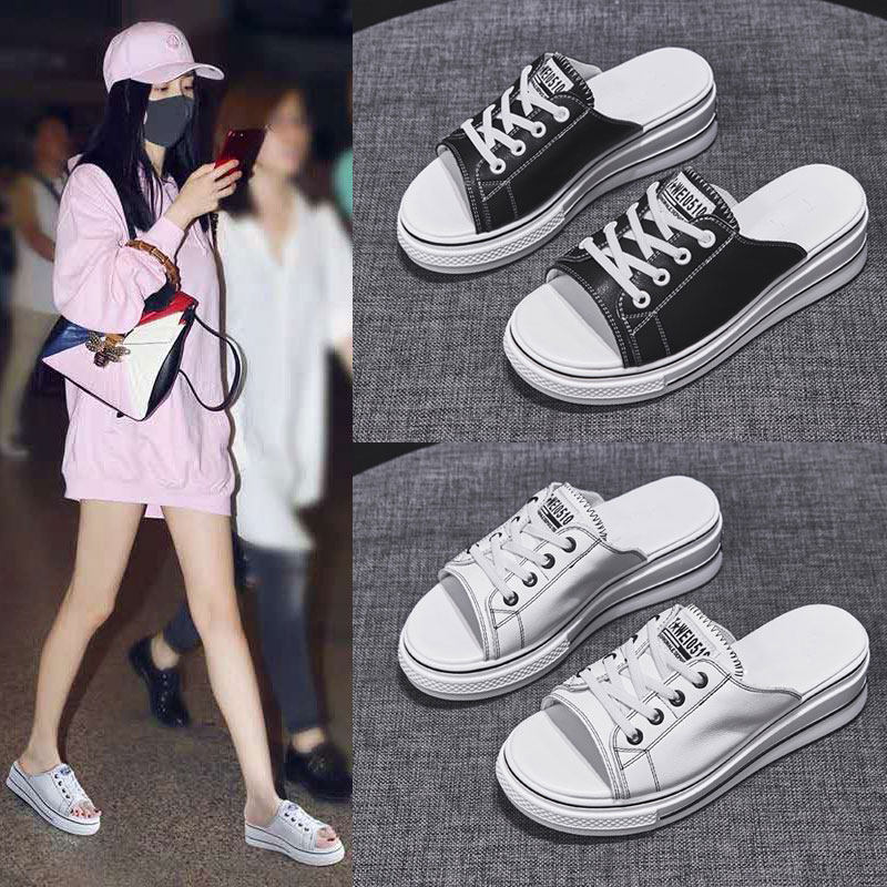 真皮透气鱼嘴凉拖鞋女夏新款松糕厚底休I闲凉鞋外穿网红懒人小白,女鞋,一字拖,淘宝优惠券,粉丝福利购,淘宝优惠卷