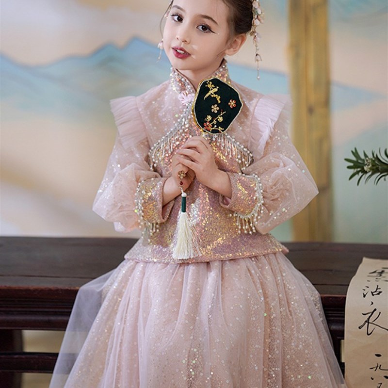 儿童新中式国风礼服女童粉色长袖旗袍高端洋气公主裙两件套装潮服